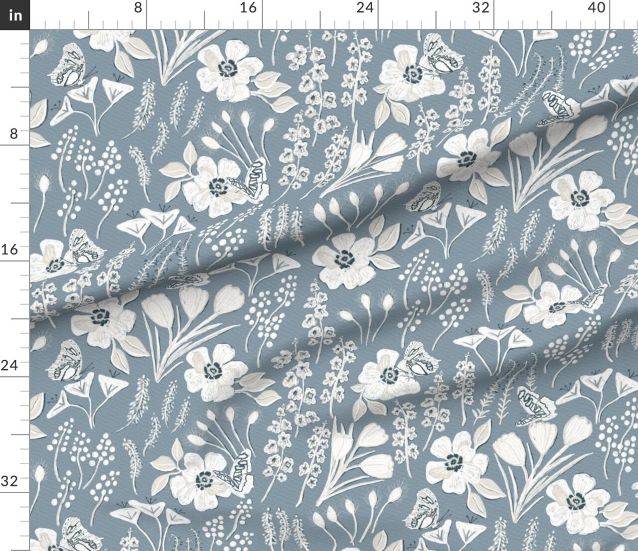 Soft Blue Floral Cream Flowers Wildflower Garden Large Scale Romantic Custom Printed Fabric by Spoonflower Various Fabrics by the Yard or Fat Quarter